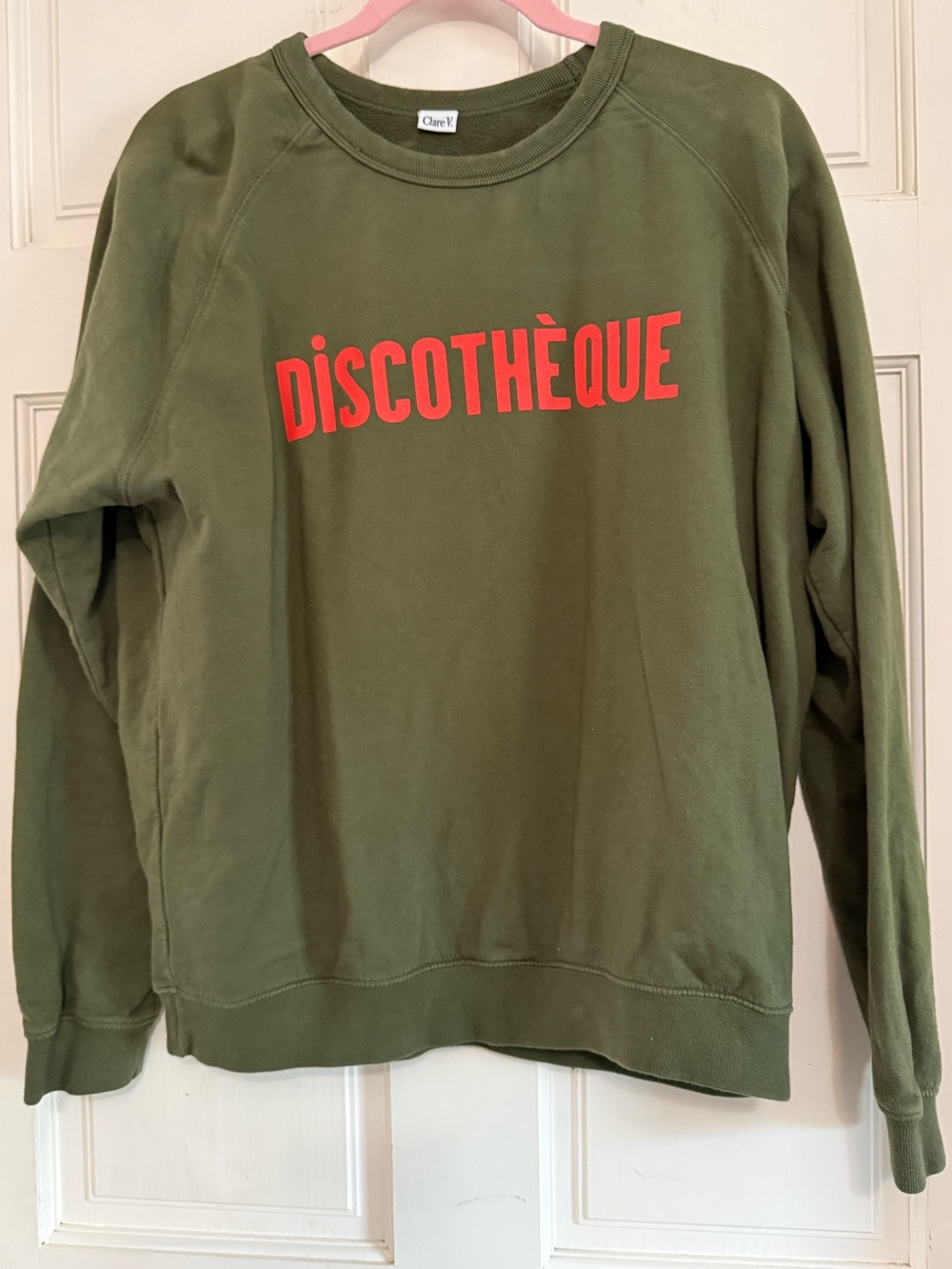 Clare V Olive Green Pullover with Discotheque Graphic